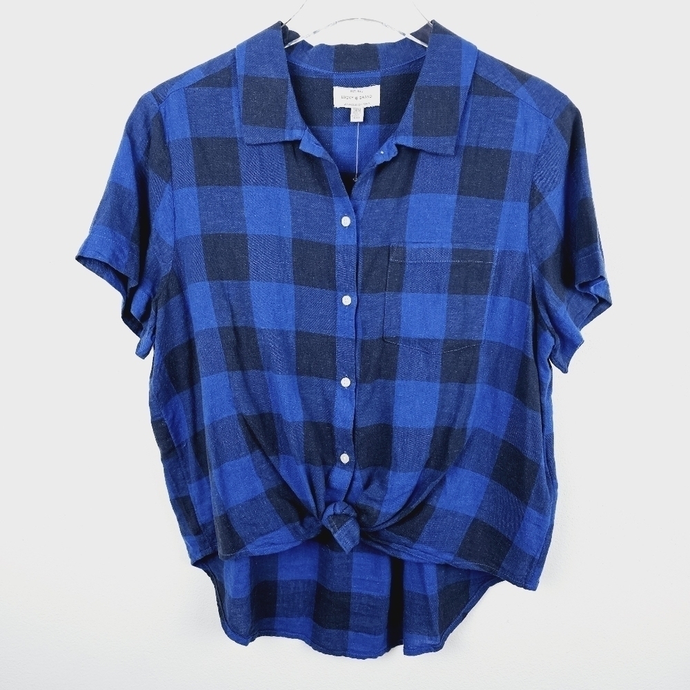 Lucky Brand Blue Checkered Linen Blend Tie Front Shirt NWT, size Medium